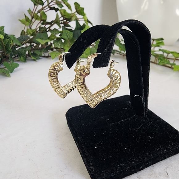 Gold Greek Key Heart Shaped Hoop Earrings - Picture 5 of 7